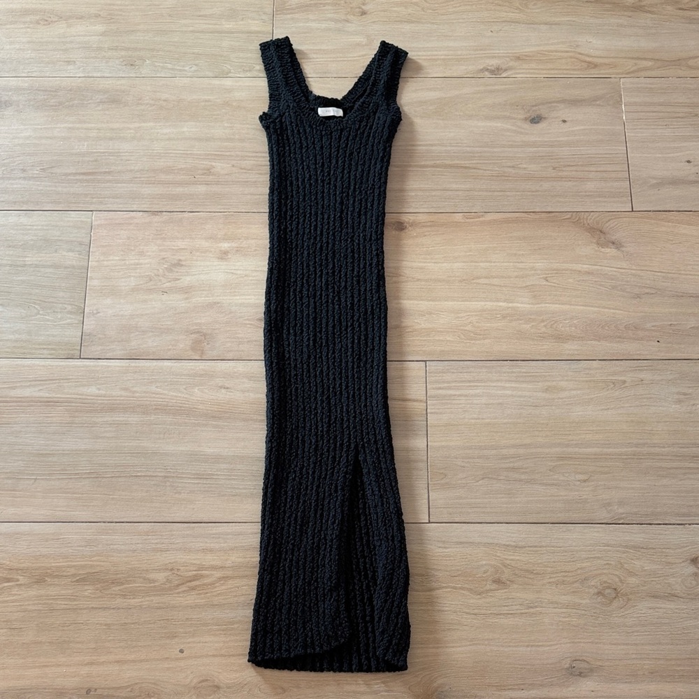 All Row Black Chunky Ribbed Knit Maxi‎ Dress Sleeveless Slit Scoop Neck Women's